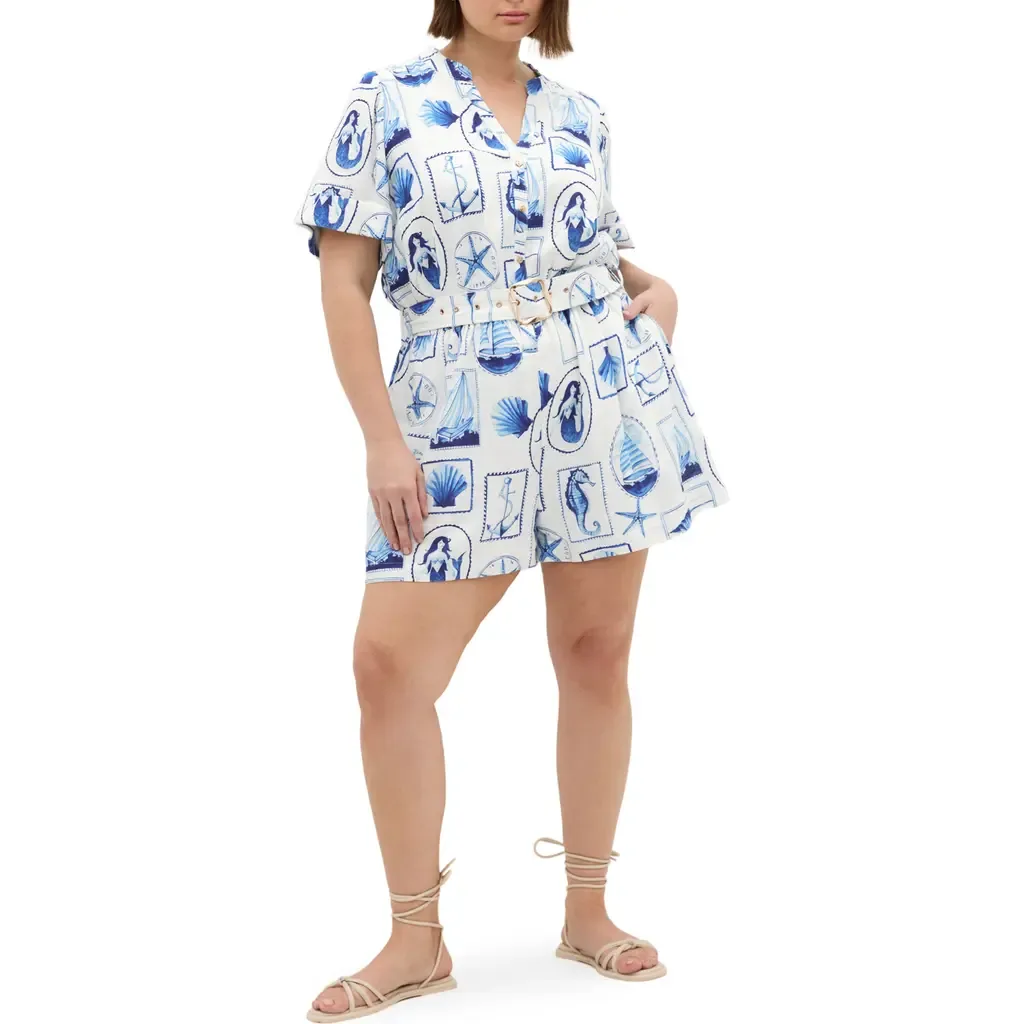 Elise Amalfi Print Belted Button Front Romper by City Chic
