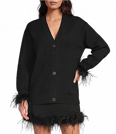 Black Feather Martha V-Neck Long Sleeve Button Front Cardigan by Never Fully Dressed