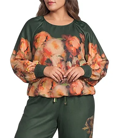 Peyton Floral Print Round Neck Long Sleeve Bubble Hem Coordinating Top by Ciebon