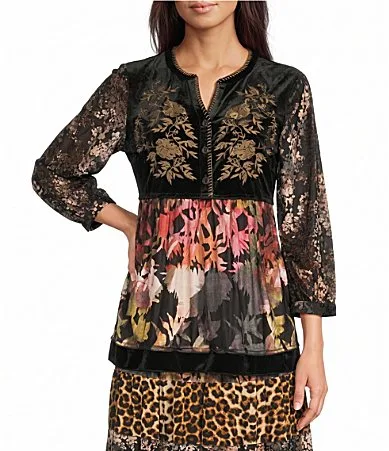 Velvet Corduroy Embroidered Whip Stitch V-Neck Bracelet Length Sleeve Button Front Placket Tunic