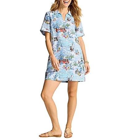 Friends on the Move Disney Collaboration Linen Collared Neck Short Sleeve Shift Dress by Tommy Bahama
