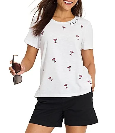 Hula Days Knit Crew Neck Short Sleeve Embroidered Lux Tee Shirt by Tommy Bahama