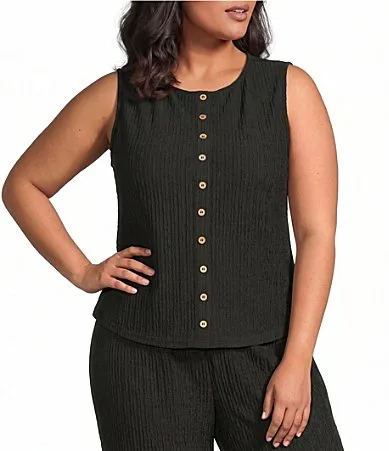 Perch by Blu Pepper Textured Round Neck Sleeveless Mock Button Knit Top by Blu Pepper