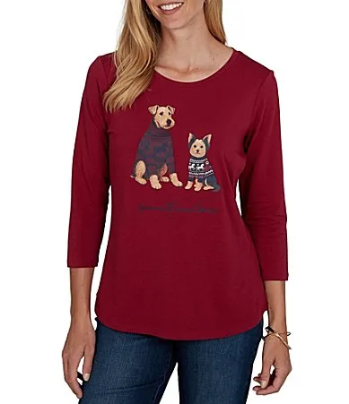 Knit Pawsitive Charming Dogs Scoop Neck 34 Sleeve Top by Ruby Rd