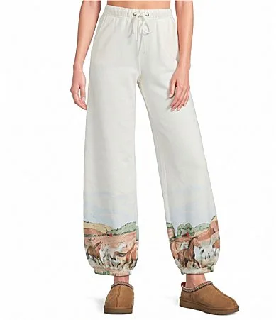 Western Landscape Print Brushed Fleece Drawstring Tie Coordinating Lounge Pants by PJ Salvage