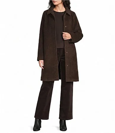 Fine Wool Alpaca Point Collar Long Sleeve Front-Snap Long Coat by Eileen Fisher