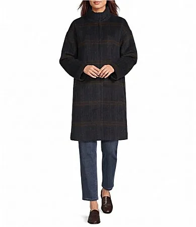 Luxe Alpaca Blend Windowpane Pattern High Collar Long Sleeve Coat by Eileen Fisher