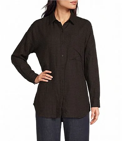 Wool Cotton Check Woven Point Collar Long Sleeve Button-Front Shirt by Eileen Fisher