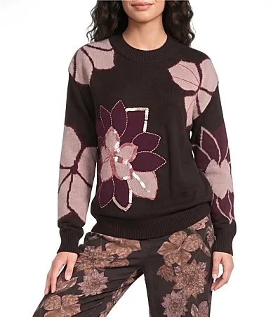 Knit Sequin Placed Floral Crew Neck Long Sleeve Sweater Top by Karl Lagerfeld