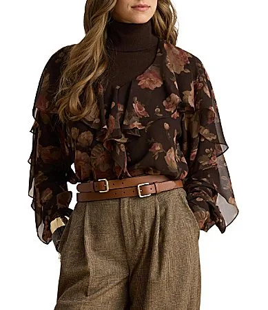 Floral Ruffle-Trim Chiffon V-Neck Blouse by Ralph Lauren