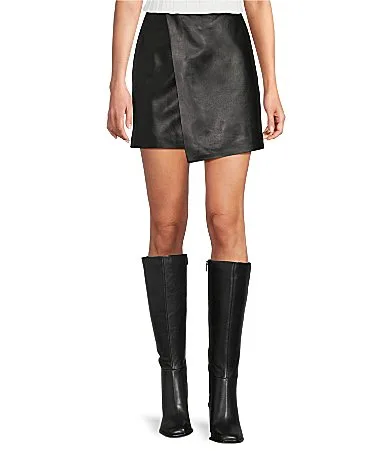 Haley Genuine Leather High Rise A-Line Faux Wrap Asymmetrical Mini Skirt by Antonio Melani