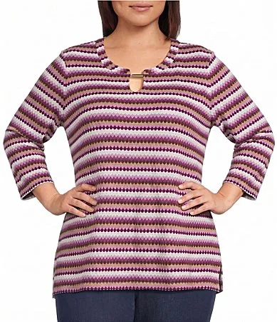 Scallop Stripe 34 Sleeve Keyhole Neck Knit Top by Allison Daley