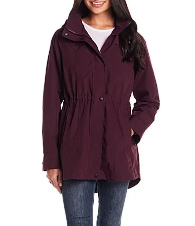 Stand Collar Removable Hood Snap Front Packable Rain Jacket by Gallery