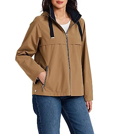 Stand Collar Drawcord Hooded Packable Zip Front Rain Jacket by Gallery