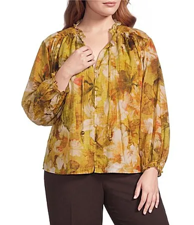 Teddy Floral Printed Ruffle Collared V-Neck Long Sleeve Button Down Top by Ciebon