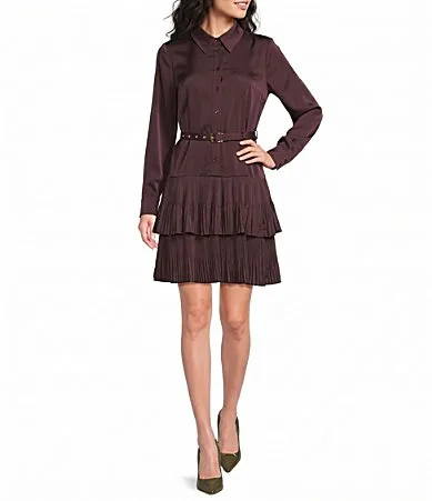 Satin Point Collar Long Sleeve Pleated Skirt Buckle Belt Mini Dress by Current Air
