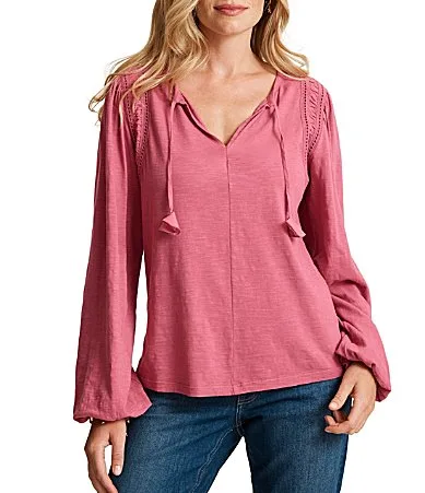Mixed Media Split V-Neck Balloon Sleeves Ruched Detail Blouse by Tommy Bahama