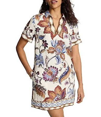 Mesa Shores Linen Palm Print Collared V-Neck Short Sleeve Shift Dress by Tommy Bahama