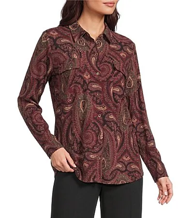 Knit Paisley Print Point Collar Long Sleeve Shirt by Jones New York