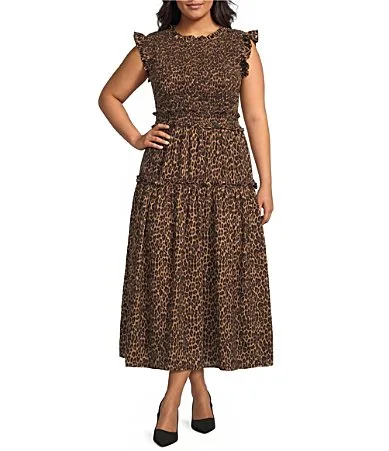 Perch by Blu Pepper Leopard Printed Smocked Round Neck Sleeveless Tiered Midi Dress by Blu Pepper