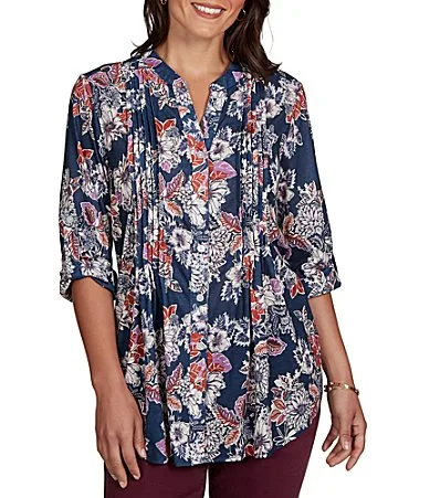 Slub Jersey Kensington Inspired Floral Split V-Neck Elbow Roll-Tab Sleeve Button-Front Shirt by Ruby Rd