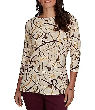 Knit Equestrian Tassel Allover Print Boat Neck 3/4 Sleeve Top by Ruby Rd