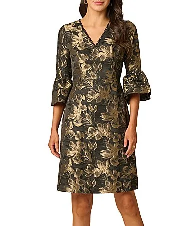 V-Neck Metallic Jacquard Dress by Adrianna Papell