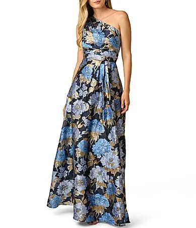 One Shoulder Floral Jacquard Ballgown