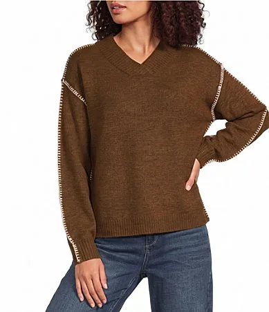 Surplice V-Neck Long Blouson Sleeve Embroidery Whipstitch Popover Sweater by Democracy