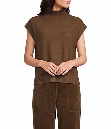 Fine Felted Wool Turtleneck Cap Sleeve Sweater by Eileen Fisher
