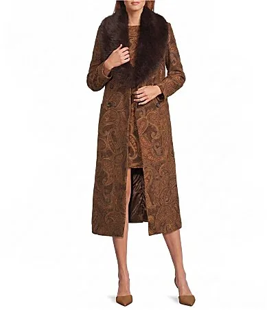 Bennett Faux Fur Detachable Collar Jacquard Coordinating Coat by Antonio Melani