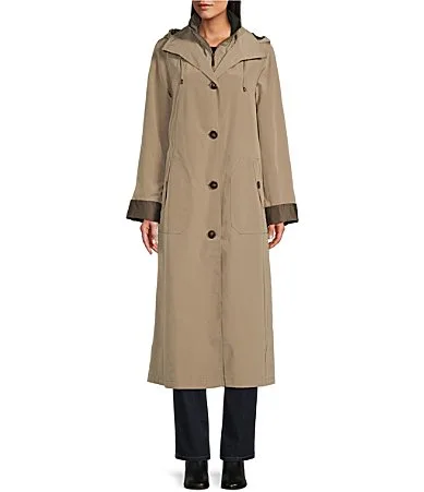 Stand Collar A-Line Hem Snap Front Maxi Rain Jacket by Gallery