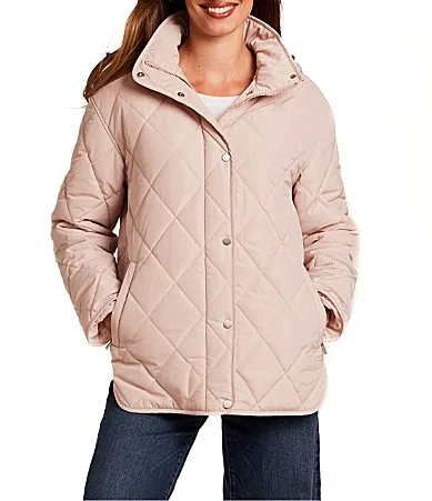 Stand Collar Water Resistant Snap Front Diamond Quilted Jacket by Gallery