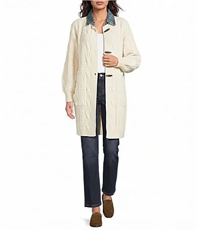Cable Knit Denim Collar Long Sleeve Front Clasp Cardigan by City Blues