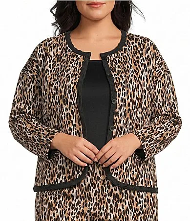 Knit Leopard Print Round Neck Long Sleeve Button Front Jacket by Calessa