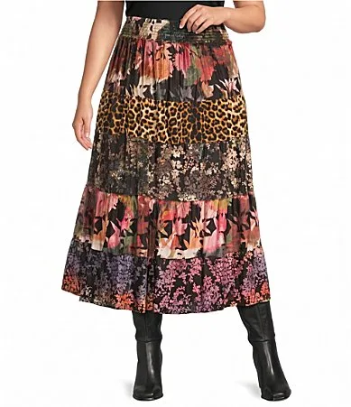 Knit Multi Print Smocked Waist A-Line Maxi Skirt