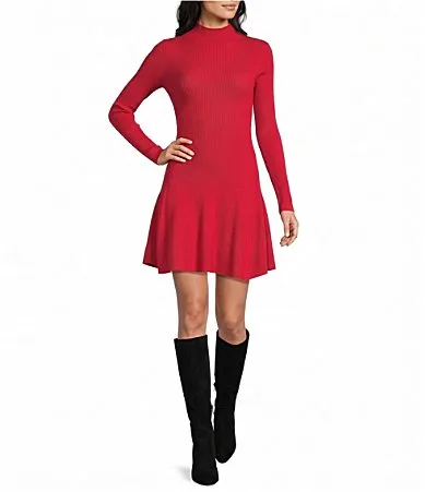 Mock Neck Long Sleeve Flared Mini Sweater Dress by Blu Pepper