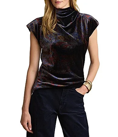 Lauren Ralph Lauren Velvet Paisley Print Mock Neck Cap Sleeve Blouse by Ralph Lauren