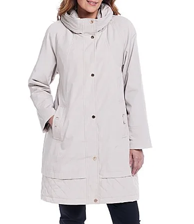 Gallery Solid Accordion Collar Snap Front A-Line Rain Jacket by Gallery