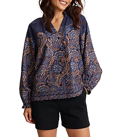 Tommy Bahama Marina Blooms Printed Woven Collared V-Neck Balloon Sleeves Blouse