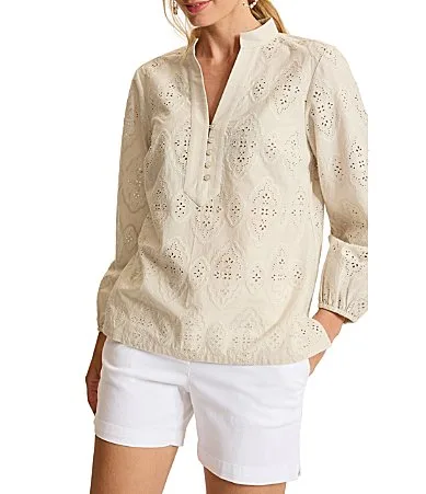 Tommy Bahama Schiffli Eyelet Mock Neck Long Sleeve Allover Lace Blouse by Tommy Bahama