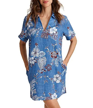 Tommy Bahama Canyon Coast Palm Linen Collared V-Neck Short Sleeve Shift Dress by Tommy Bahama