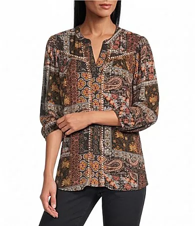 Intro Crinkle Gauze Printed Y-Neck 34 Elastic Cuff Sleeve Button-Front Shirt by Intro