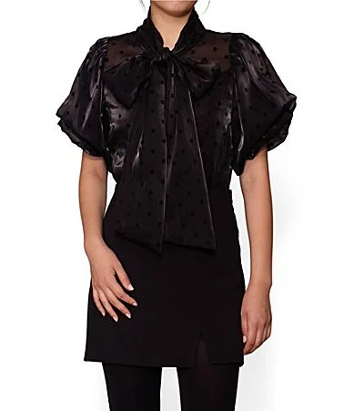 Melloday Woven Sheer Chiffon Polka Dot Print Bow Neck Tie Short Sleeve Top by Melloday