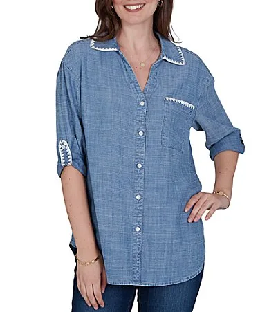 Ruby Rd. Crosshatch Tencel Point Collar 34 Sleeve Crochet Trim Whipstitch Embroidery Button Front Shirt by Ruby Rd