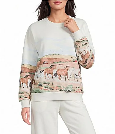 PJ Salvage Long Sleeve Crew Neck Western Landscape Print Brushed Fleece Coordinating Pullover by PJ Salvage