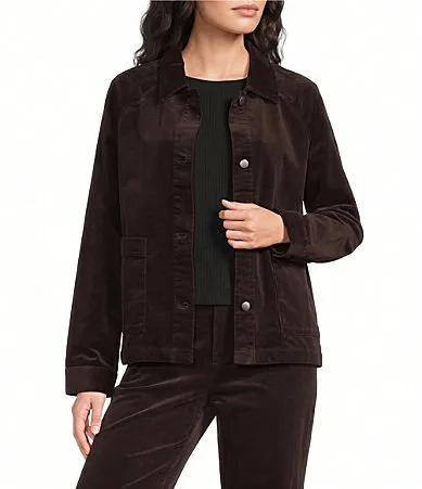 Organic Cotton Stretch Corduroy Point Collar Long Raglan Sleeve Button-Front Jacket by Eileen Fisher