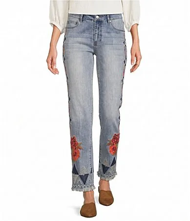Denim Straight Leg Embroidery Jeans by Tru Luxe Jeans