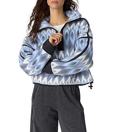 Argyle Printed Mountain High 1/2 Zip High Neck Long Sleeve Fleece Pullover by Free People