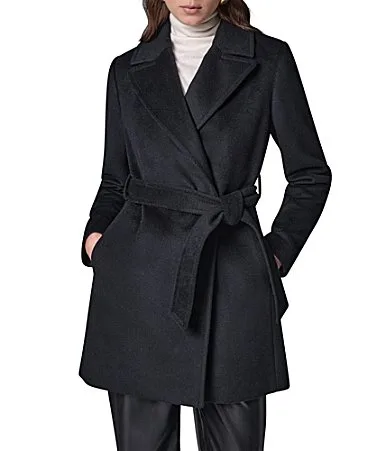 Wool Twin Blend Notch Collar Belted Wrap Coat by Donna Karan